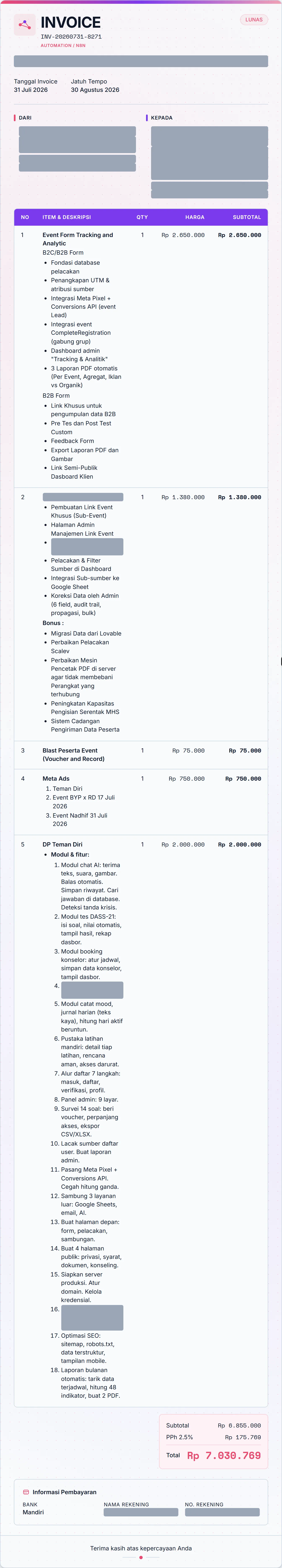 Invoice INV-20260731-8271 bertanda lunas, data klien dan nomor rekening ditutup