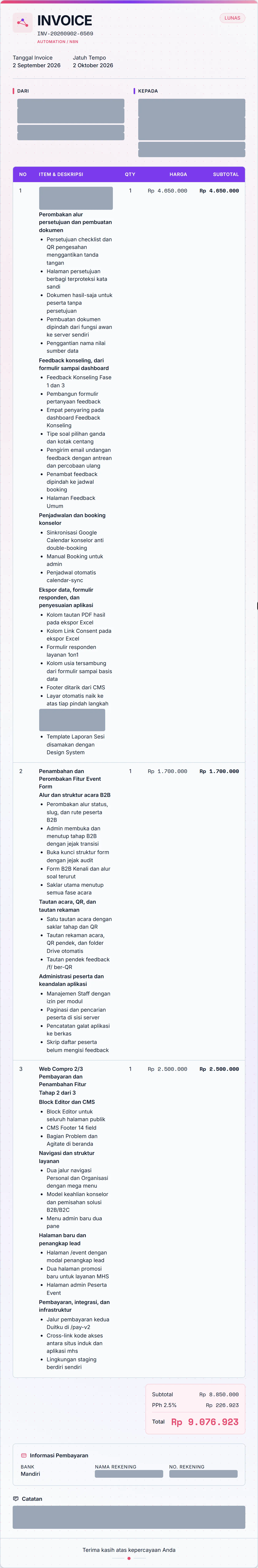 Invoice INV-20260902-6569 bertanda lunas, data klien dan nomor rekening ditutup