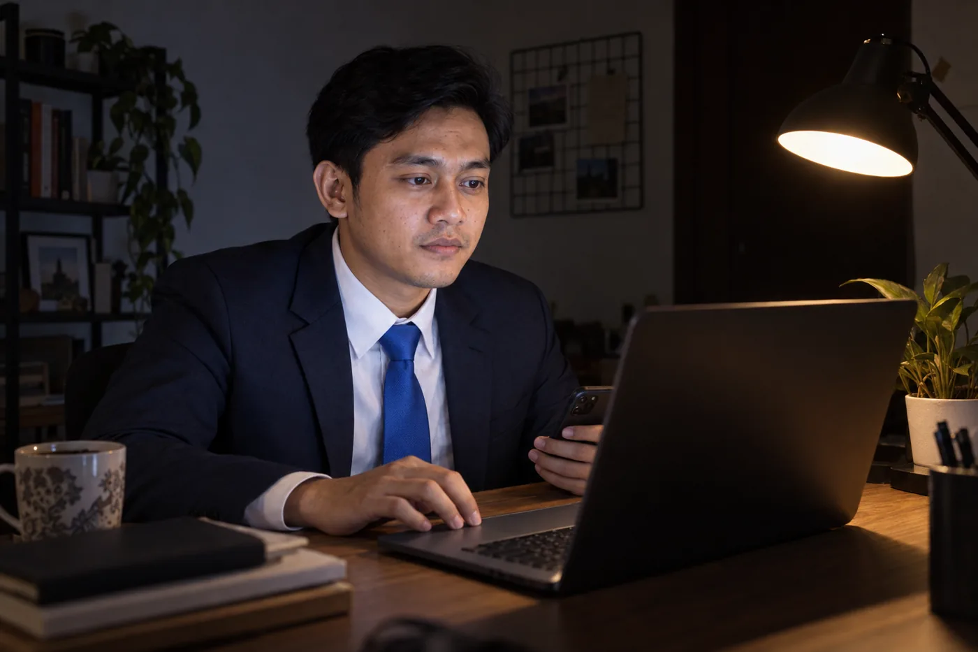 Seorang pria sendirian di meja kerja malam hari, menatap layar laptop yang diterangi lampu meja