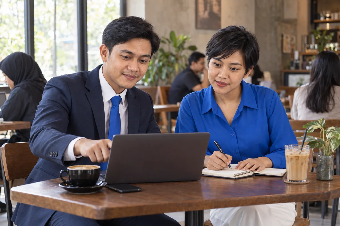 Dua orang duduk berhadapan di kafe, satu menulis di buku catatan, satu menunjuk layar laptop